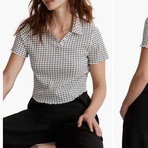 Windowpane Plaid Crinkle Polo Crop Top